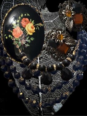 Vintage Goth Influenced Black Bead Necklace, Floral Earrings & Brooch